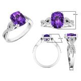 10K White Gold 9X7 MM Oval Amethyst & Round White Diamond Ladies Swirl Split Shank Engagement Ring