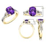 10K Yellow Gold 9X7 MM Oval Amethyst & Round White Diamond Ladies Swirl Split Shank Engagement Ring