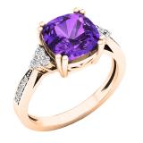 18K Rose Gold 8 MM Cushion Amethyst and Round White Diamond Ladies Engagement Ring