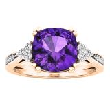 18K Rose Gold 8 MM Cushion Amethyst and Round White Diamond Ladies Engagement Ring
