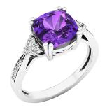 18K White Gold 8 MM Cushion Amethyst and Round White Diamond Ladies Engagement Ring