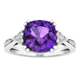 18K White Gold 8 MM Cushion Amethyst and Round White Diamond Ladies Engagement Ring