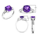 18K White Gold 8 MM Cushion Amethyst and Round White Diamond Ladies Engagement Ring