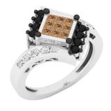 0.80 Carat (ctw) 10K White Gold White Champagne and Black Diamond Ladies Right Hand Ring 3/4 CT