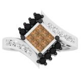 0.80 Carat (ctw) 10K White Gold White Champagne and Black Diamond Ladies Right Hand Ring 3/4 CT