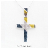 1.10 Carat (ctw) Sterling Silver Blue White and Yellow Diamond Mens Hip Hop Cross Pendant