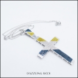 1.10 Carat (ctw) Sterling Silver Blue White and Yellow Diamond Mens Hip Hop Cross Pendant