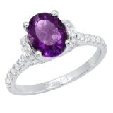 9X7 MM Oval Amethyst and Round Diamond Ladies Bridal Engagement Ring 18K White Gold
