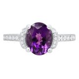 9X7 MM Oval Amethyst and Round Diamond Ladies Bridal Engagement Ring 18K White Gold