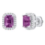 7X5 MM Each Emerald Shape Amethyst and Round Diamond Ladies Halo Stud Earrings 10K White Gold