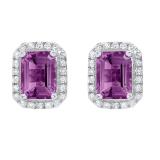 7X5 MM Each Emerald Shape Amethyst and Round Diamond Ladies Halo Stud Earrings 10K White Gold
