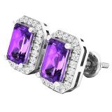 7X5 MM Each Emerald Shape Amethyst and Round Diamond Ladies Halo Stud Earrings 10K White Gold