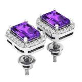 7X5 MM Each Emerald Shape Amethyst and Round Diamond Ladies Halo Stud Earrings 10K White Gold
