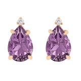 10X7 MM Each Pear Amethyst and Round Diamond Ladies Stud Earrings 10K Rose Gold