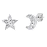 0.10 Carat (cttw) Round White Diamond Moon and Star Mismatch Stud Earrings 1/10 CT Sterling Silver