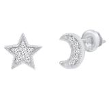 0.10 Carat (cttw) Round White Diamond Moon and Star Mismatch Stud Earrings 1/10 CT Sterling Silver
