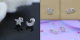0.10 Carat (cttw) Round White Diamond Moon and Star Mismatch Stud Earrings 1/10 CT Sterling Silver