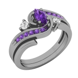 Black Rhodium Plated 6X3 MM Marquise Amethyst Round Amethyst and Diamond Ladies Ring Set 14K White Gold