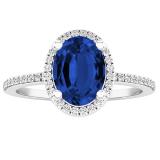 8X6 mm Oval Blue Sapphire & Round White Diamond Ladies Bridal Halo Engagement Ring 14K White Gold