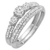 0.85 Carat (cttw) Round Diamond 3 Stone Ladies Bridal Engagement Ring Wedding Band Set 10K White Gold