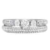 0.85 Carat (cttw) Round Diamond 3 Stone Ladies Bridal Engagement Ring Wedding Band Set 10K White Gold