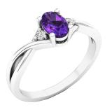 6X4 mm Oval Amethyst & Round White Diamond Ladies Bridal Engagement Ring 10K White Gold