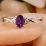 6X4 mm Oval Amethyst & Round White Diamond Ladies Bridal Engagement Ring 10K White Gold