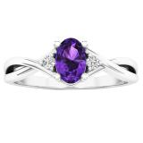 6X4 mm Oval Amethyst & Round White Diamond Ladies Bridal Engagement Ring 14K White Gold