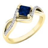 4 mm Princess Blue Sapphire & Round White Diamond Ladies Bypass Bridal Engagement Ring 10K Yellow Gold
