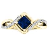 4 mm Princess Blue Sapphire & Round White Diamond Ladies Bypass Bridal Engagement Ring 10K Yellow Gold