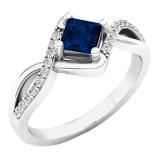 4 mm Princess Blue Sapphire & Round White Diamond Ladies Bypass Bridal Engagement Ring 18K White Gold