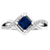 4 mm Princess Blue Sapphire & Round White Diamond Ladies Bypass Bridal Engagement Ring 18K White Gold