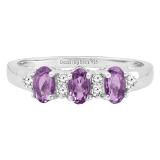 5X3 mm Oval Amethyst & Round White Diamond Ladies 3 Stone Engagement Ring Sterling Silver