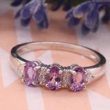 5X3 mm Oval Amethyst & Round White Diamond Ladies 3 Stone Engagement Ring Sterling Silver