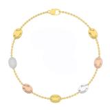 Three Tone Ladies Oval Cable Chain Bead Bracelet 10K White Yellow & Rose Gold