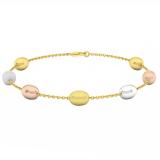 Three Tone Ladies Oval Cable Chain Bead Bracelet 14K White Yellow & Rose Gold