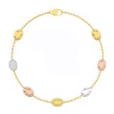 Three Tone Ladies Oval Cable Chain Bead Bracelet 14K White Yellow & Rose Gold