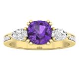 6 mm Cushion Amethyst Pear White Topaz & Round Diamond Ladies Engagement Ring 14K Yellow Gold