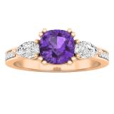 6 mm Cushion Amethyst Pear White Topaz & Round Diamond Ladies Engagement Ring 18K Rose Gold