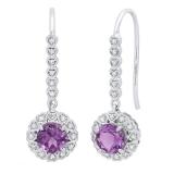 6 mm Round Amethyst and White Diamond Ladies Heart Drop Earrings 10K White Gold