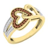 0.20 Carat (cttw) Round Champagne & White Diamond Double Heart Promise Ring 1/5 CT 10K Yellow Gold