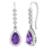 8X5 mm Pear Amethyst and Round White Diamond Ladies Drop Earrings 14K White Gold