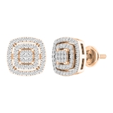 0.30 Carat (cttw) Round White Diamond Ladies Double Cushion Frame Stud Earrings 1/3 CT 18K Rose Gold