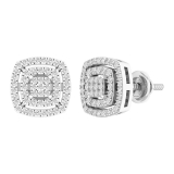 0.30 Carat (cttw) Round White Diamond Ladies Double Cushion Frame Stud Earrings 1/3 CT 18K White Gold