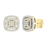 0.30 Carat (cttw) Round White Diamond Ladies Double Cushion Frame Stud Earrings 1/3 CT 18K Yellow Gold