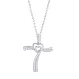 0.20 Carat (cttw) Round Diamond Ladies Double Heart Cross Pendant 1/5 CT (Silver Chain Included) 10K White Gold