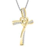 0.20 Carat (cttw) Round Diamond Ladies Double Heart Cross Pendant 1/5 CT (Silver Chain Included) 14K Yellow Gold
