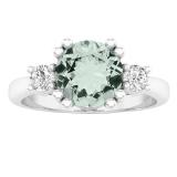 7.5 mm Round Aquamarine & White Diamond Ladies 3 Stone Engagement Ring 10K White Gold
