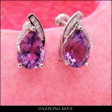 10X7 MM Each Pear Amethyst & Baguette & Round Diamond Ladies Stud Earrings Sterling Silver