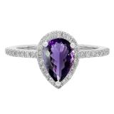 10X7 MM Pear Amethyst & Round White Diamond Ladies Halo Engagement Ring 10K White Gold